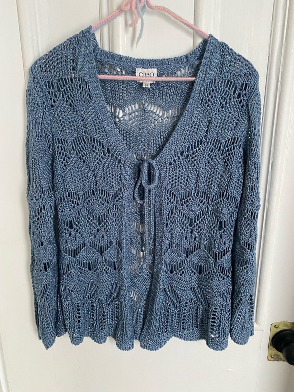Vintage Crochet Cleo Blue Open-Knit Tie-Front Cardigan